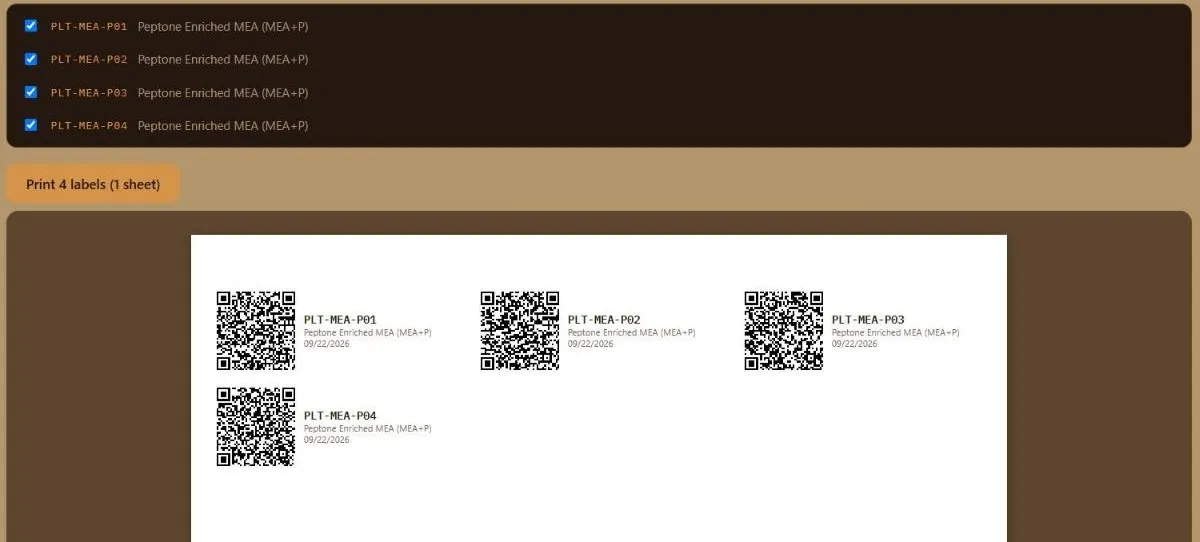 The print screen: a sheet of QR labels for four agar plates, ready to print.