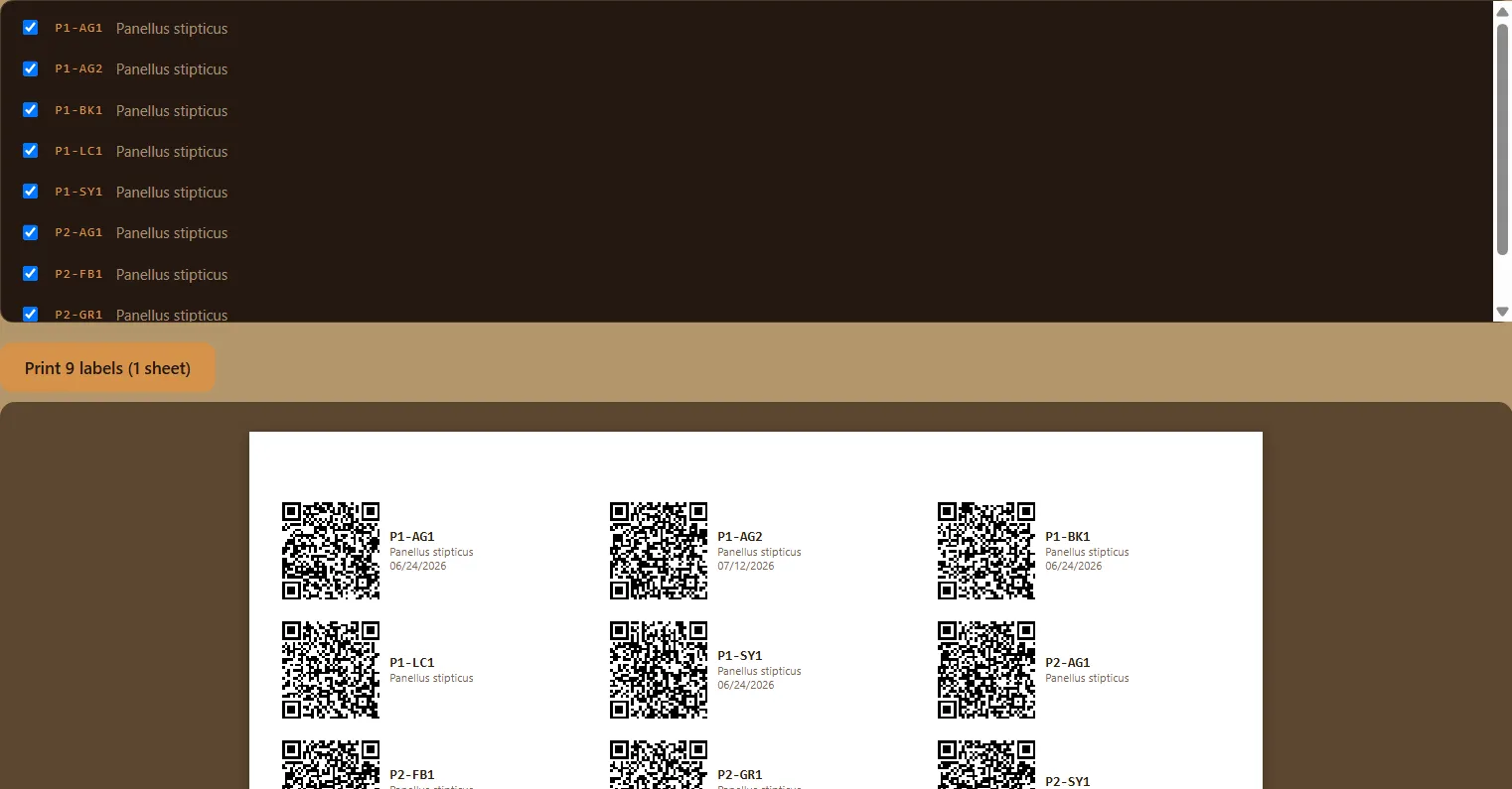 SporeDesk qr labels screen