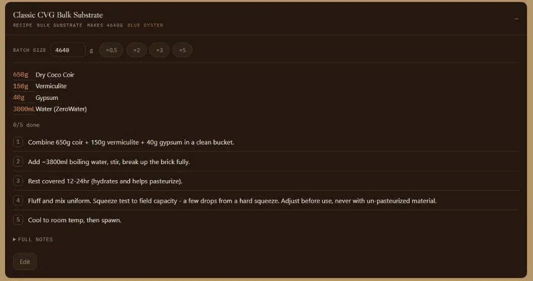 A coco coir and vermiculite bulk substrate recipe with a batch-size scaler and checklist steps.