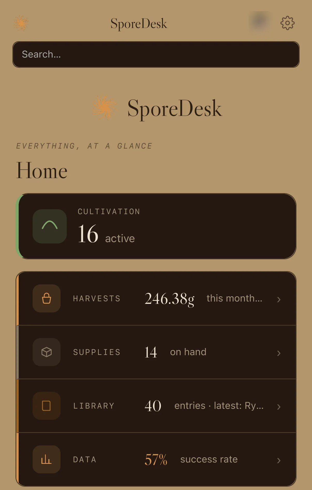 SporeDesk's home screen on a phone: active cultivation count, harvests, supplies, library, and success rate.