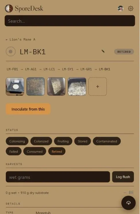 A container's record on a phone after scanning its label: LM-BK1 with its full family line, photos, and status.
