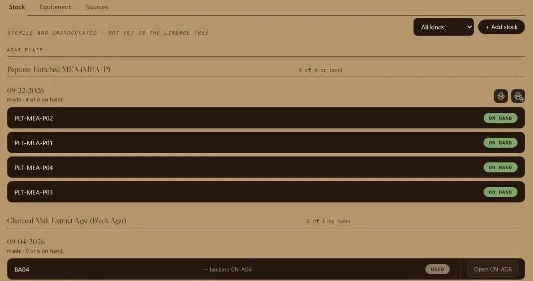 The Stock list: four plates of peptone-enriched malt agar on hand, and used plates showing which culture each one became.